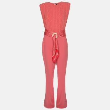 Pre Owned Elisabetta Franchi Coral Pink Polyester Belted Jumpsuit M