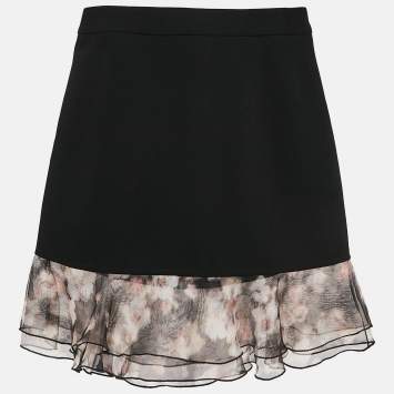 Pre Owned Elisabetta Franchi Black Organza Ruffled Crepe Mini Skirt S