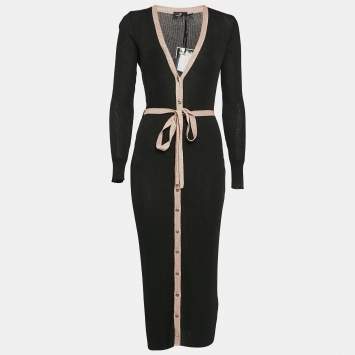 Pre Owned Elisabetta Franchi Black Lurex Rib Knit Belted Midi Dress M