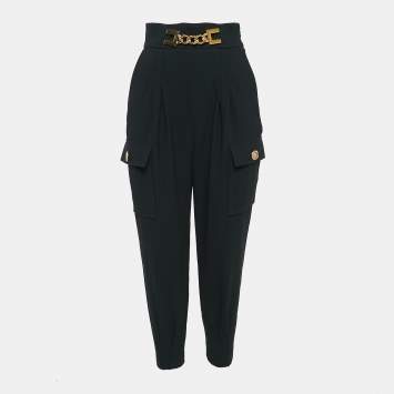 Pre Owned Elisabetta Franchi Black Crepe Pleated Chain Detail Trousers S