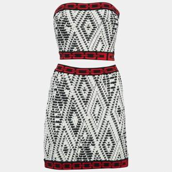 Pre Owned Elisabetta Franchi White/Black Tribal Pattern Crochet Skirt Set S/M