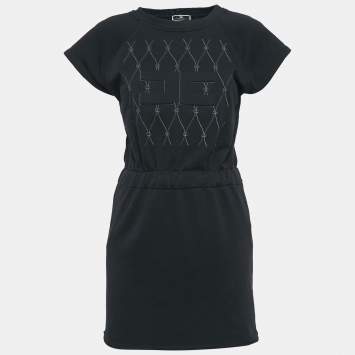 Pre Owned Elisabetta Franchi Black Logo Embossed Cotton Blend Knit Mini Dress S