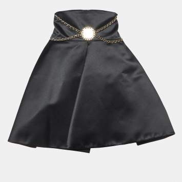 Pre Owned Elisabetta Franchi Black Satin Chain Detail Pleated Mini Skirt M