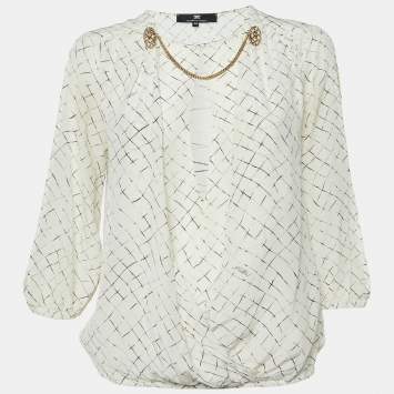 Pre Owned Elisabetta Franchi White Checks Print Silk Brooches Detail Top M