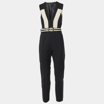 Pre Owned Elisabetta Franchi Black Crepe Belted Jumpsuit L