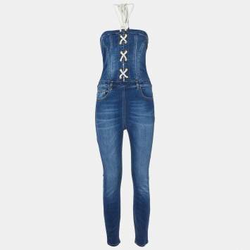 Pre Owned Elisabetta Franchi Blue Denim Lace-Up Detail Off-Shoulder Jumpsuit M