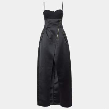 Pre Owned Elisabetta Franchi Black Satin Top and Skirt Set M
