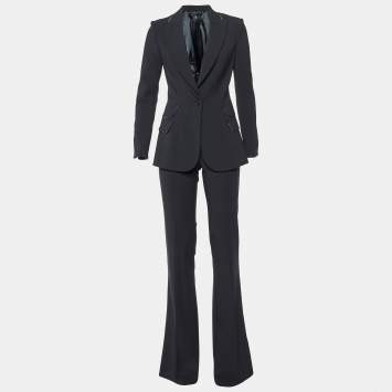 Pre Owned Elisabetta Franchi Black Crepe Logo Piping Detail Pants Suit M