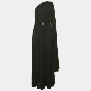 Pre Owned Elisabetta Franchi Black Lurex Knit One-Shoulder Belted Maxi Dress L