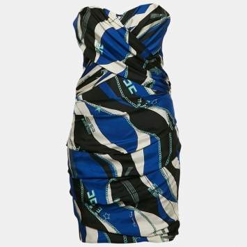 Pre Owned Elisabetta Franchi Blue Printed Silk and Crepe Strapless Mini Dress S
