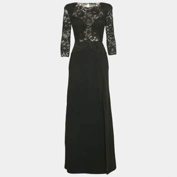 Pre Owned Elisabetta Franchi Black Lace and Crepe Full Sleeve Maxi Dress S