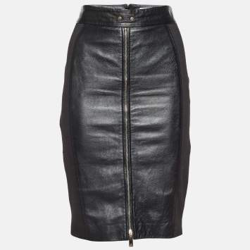 Pre Owned Elisabetta Franchi Gold Black Leather & Jersey Pencil Skirt M