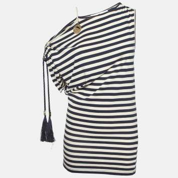 Pre Owned Elisabetta Franchi Jeans Marine Blue Striped Jersey Asymmetric Top M