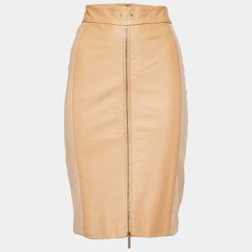 Elisabetta Franchi Gold Beige Leather & Jersey Pencil Skirt L