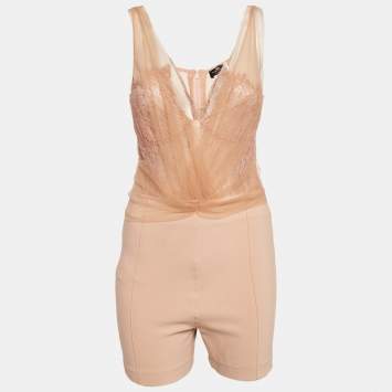 Pre Owned Elisabetta Franchi Beige Lace and Tulle Trim Jersey Bodysuit L