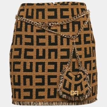 Pre Owned Elisabetta Franchi Brown Monogram Jacquard Tweed Belt Detail Mini Skirt M
