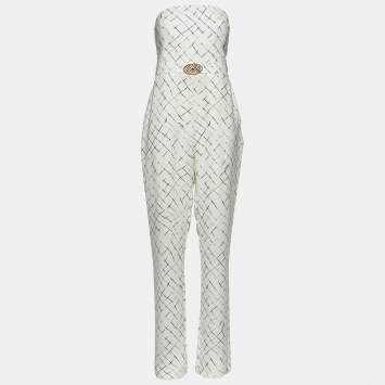 Pre Owned Elisabetta Franchi White Printed Crepe Strapless Jumpsuit XL