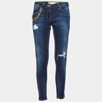 Pre Owned Elisabetta Franchi Blue Denim Chain Detail Slim Fit Jeans M/Waist 29"
