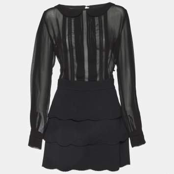 Pre Owned Elisabetta Franchi Black Crepe & Chiffon Tiered Long Sleeve Dress M