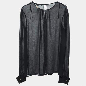 Pre Owned Elisabetta Franchi Black Chiffon Back Slit Detail Sheer Blouse L
