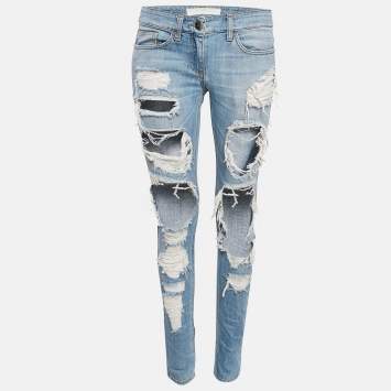 Pre Owned Elisabetta Franchi Light Blue Distressed Denim Skinny Jeans M Waist 28"