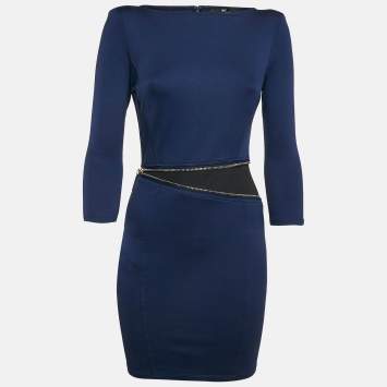 Pre Owned Elisabetta Franchi Navy Blue Jersey Zip Detail Mini Dress M