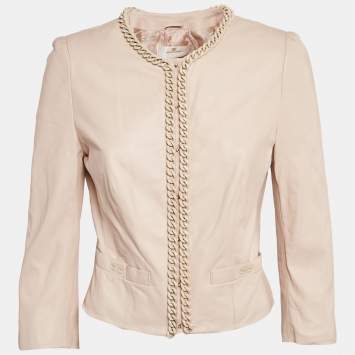 Pre Owned Elisabetta Franchi Gold Pink Chain Embellished Leather Jacket L