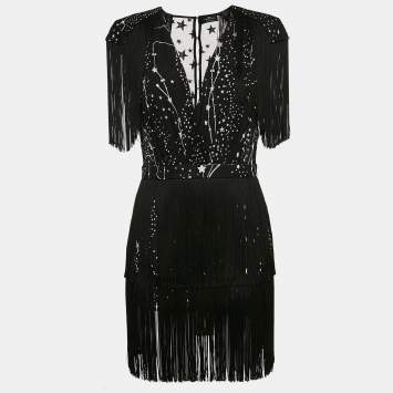 Pre Owned Elisabetta Franchi Black Star Print Crepe Fringed Mini Dress M