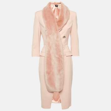 Pre Owned Elisabetta Franchi Light Orange Detachable Fur Double Breasted Long Coat S