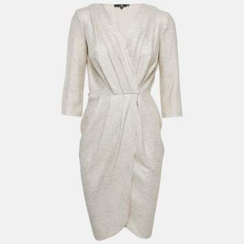 Pre Owned Elisabetta Franchi Metallic/Cream Foil Print Textured Crepe Wrap Dress S