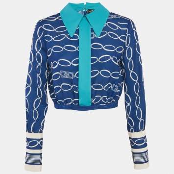 Pre Owned Elisabetta Franchi Blue Chain Print Crepe Blouse M