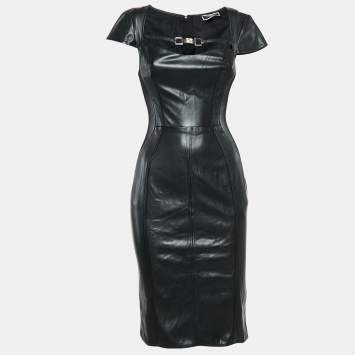 Pre Owned Elisabetta Franchi Black Faux Leather Cap Sleeve Mesh Trimmed Short Dress S