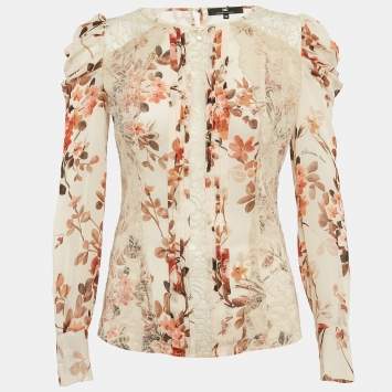 Pre Owned Elisabetta Franchi Beige Floral Print Lace Trim Crepe Blouse S