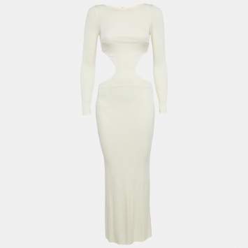 Pre Owned Elisabetta Franchi Cream Jersey Cut-Out Long Dress S