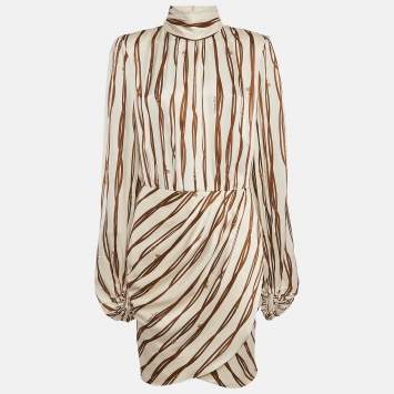 Pre Owned Elisabetta Franchi Beige Belt Print Silk Draped Short Dress L