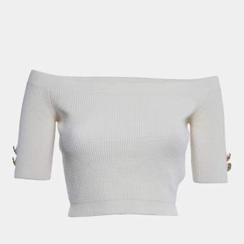 Pre Owned Elisabetta Franchi Cream Rib Knit Tricot Top M