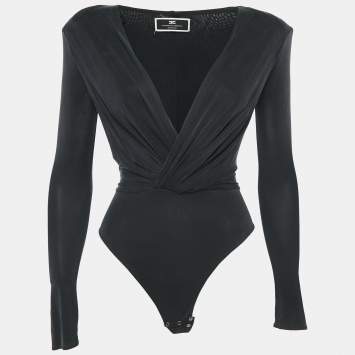 Pre Owned Elisabetta Franchi Black Faded Jersey Plunging Neck Bodysuit S