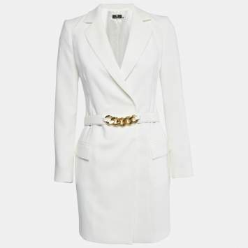 Pre Owned Elisabetta Franchi White Crepe Double Breasted Belt Detail Blazer S