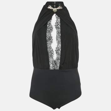 Pre Owned Elisabetta Franchi Black Embellished Jersey and Lace Halter Neck Bodysuit M