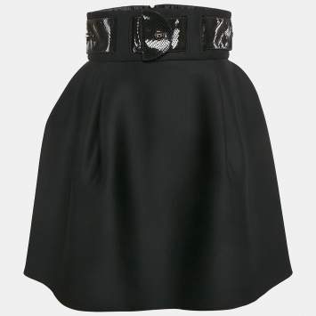 Elisabetta Franchi Black Faux Leather Belted Neoprene Flared Mini Skirt M
