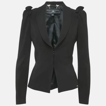 Pre Owned Elisabetta Franchi Black Nylon Ruffled Detail Blazer M
