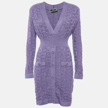 Pre Owned Elisabetta Franchi Purple Knit Patterned V-Neck Mini Dress M