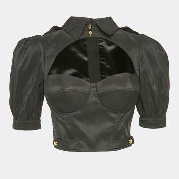 Pre Owned Elisabetta Franchi Black Cut-Out Sweetheart Neck Detail Blouse M