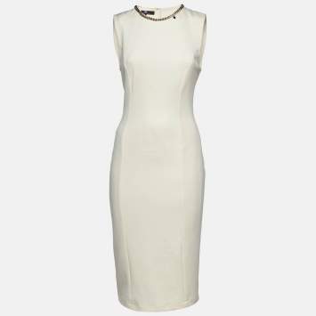 Pre Owned Elisabetta Franchi Cream Jersey Sleeveless Sheath Dress M
