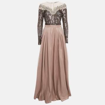 Pre Owned Elisabetta Franchi Mauve Sequin Embellished Tulle Flared Gown M