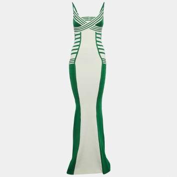Pre Owned Elisabetta Franchi Green/White Bandage Knit Long Bodycon Dress S