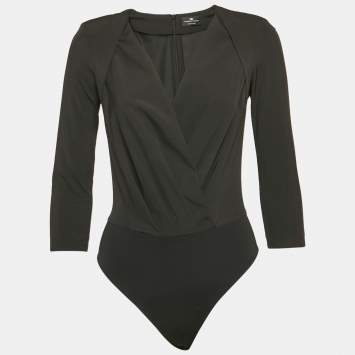 Pre Owned Elisabetta Franchi Black Crepe Plunging Neck Bodysuit S