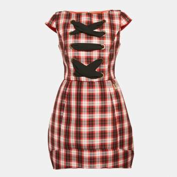 Pre Owned Elisabetta Franchi Red/Multicolor Plaid Print Synthetic Lace-Up Detail Mini Dress M