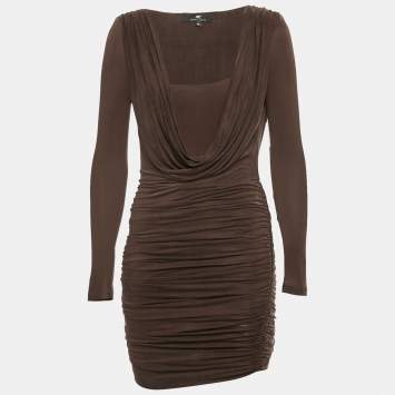 Pre Owned Elisabetta Franchi Brown Jersey Ruche Mini Dress S