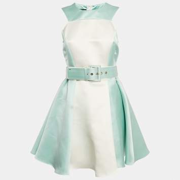 Pre Owned Elisabetta Franchi Blue/White Satin Flared Mini Dress M